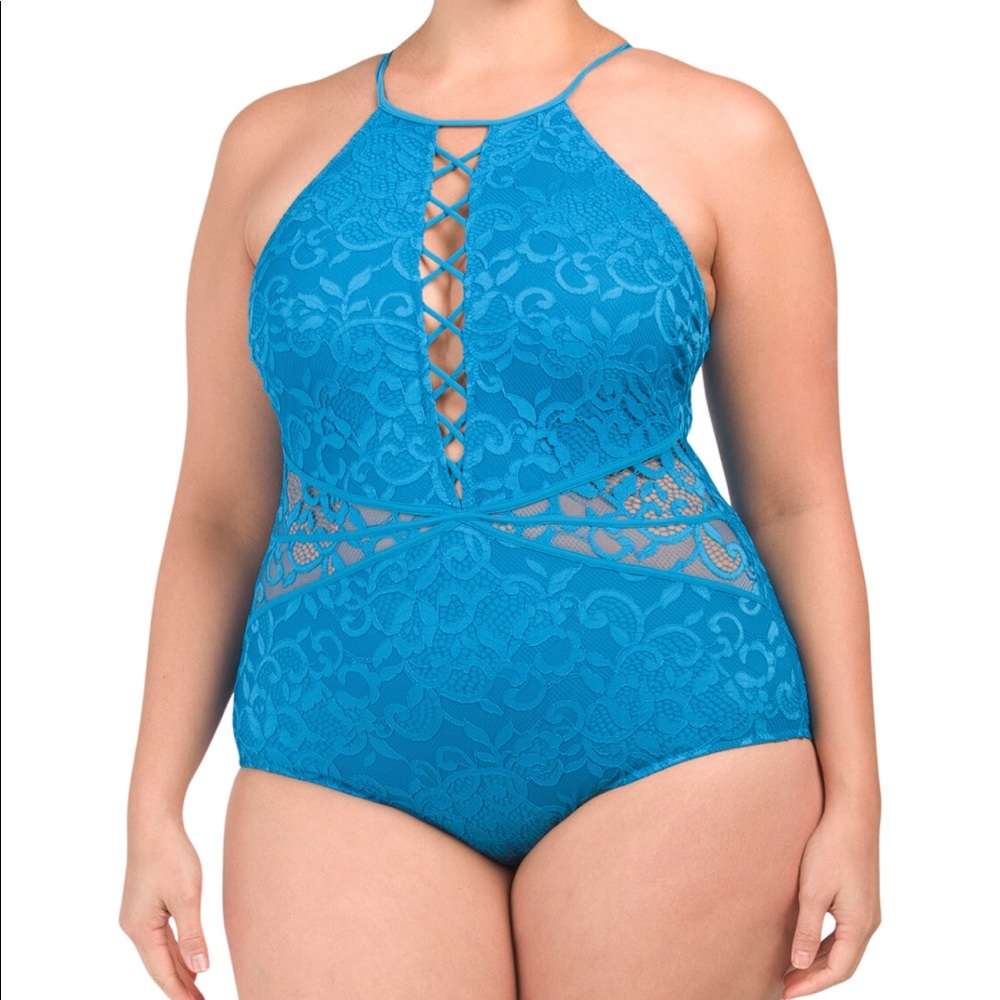 Plus One-piece Lace High Neck Swimsuit
